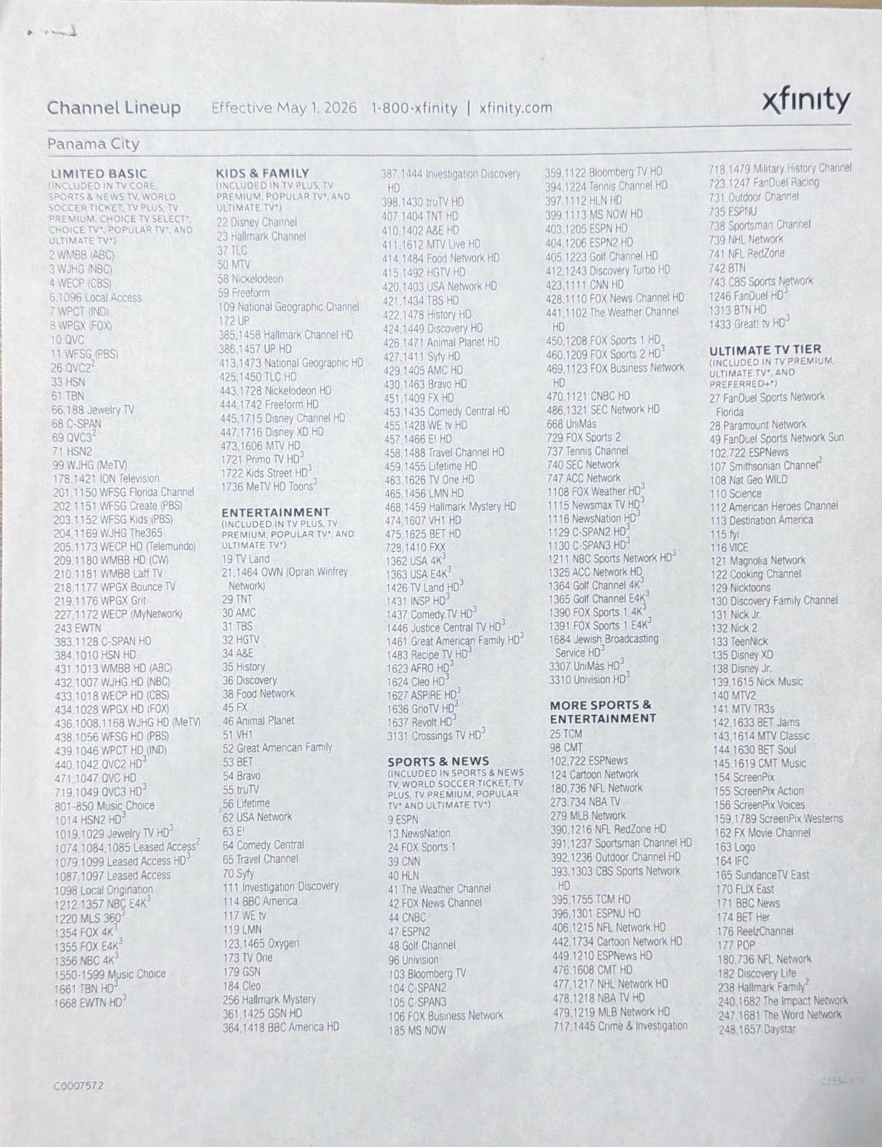 Xfinity Panama City channel lineup page 1
