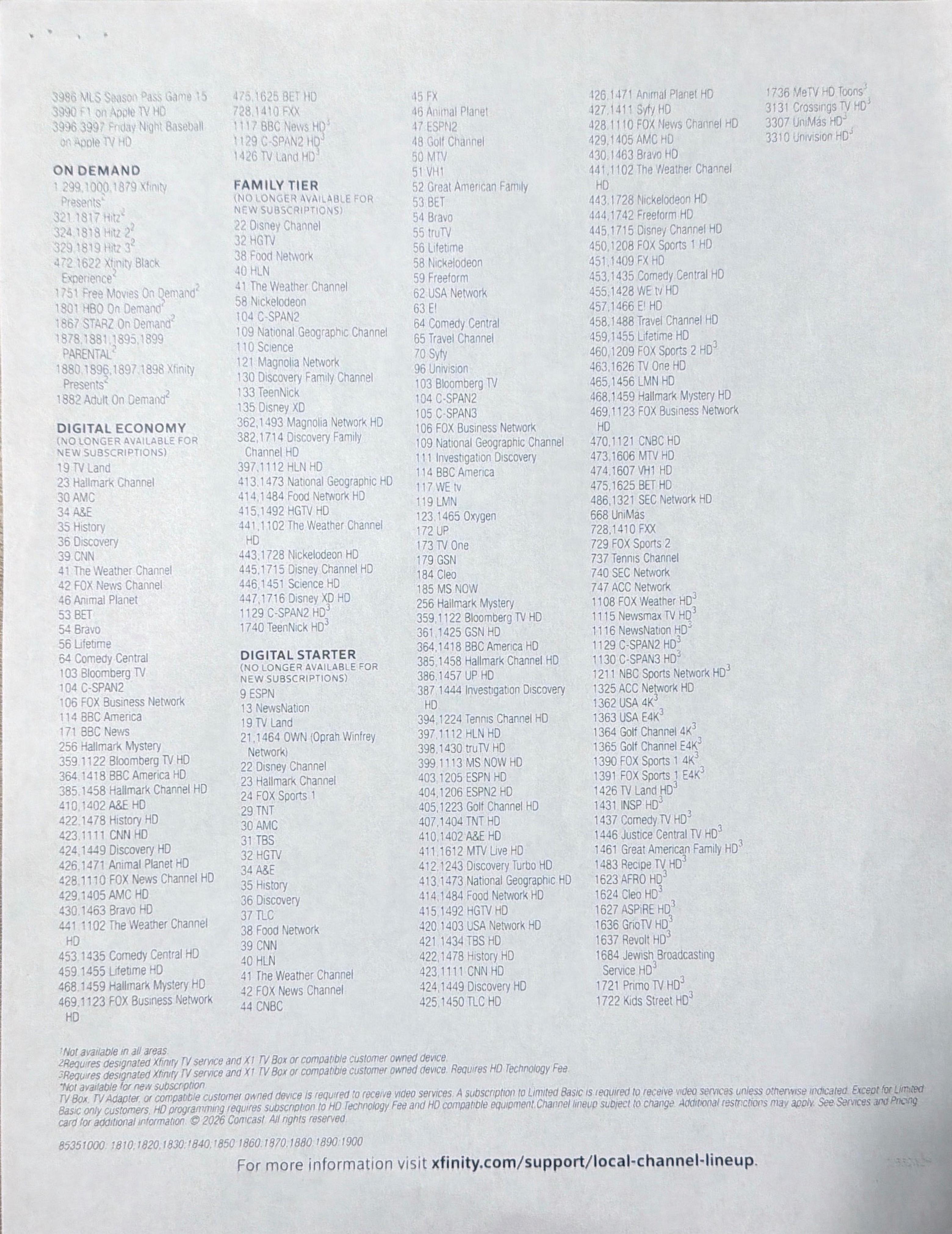 Xfinity Panama City channel lineup page 3